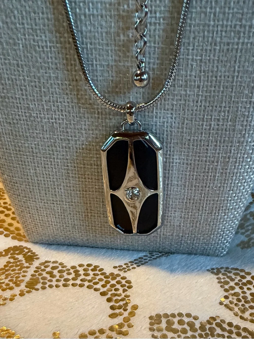 White House Black Market Silver-Tone Necklace with Black Enamel Pendant